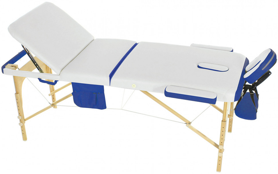 Стол массажный с деревянной рамой JF-AY01 3-секционный белый/синий Стол массажный с деревянной рамой JF-AY01 3-секционный белый/синий